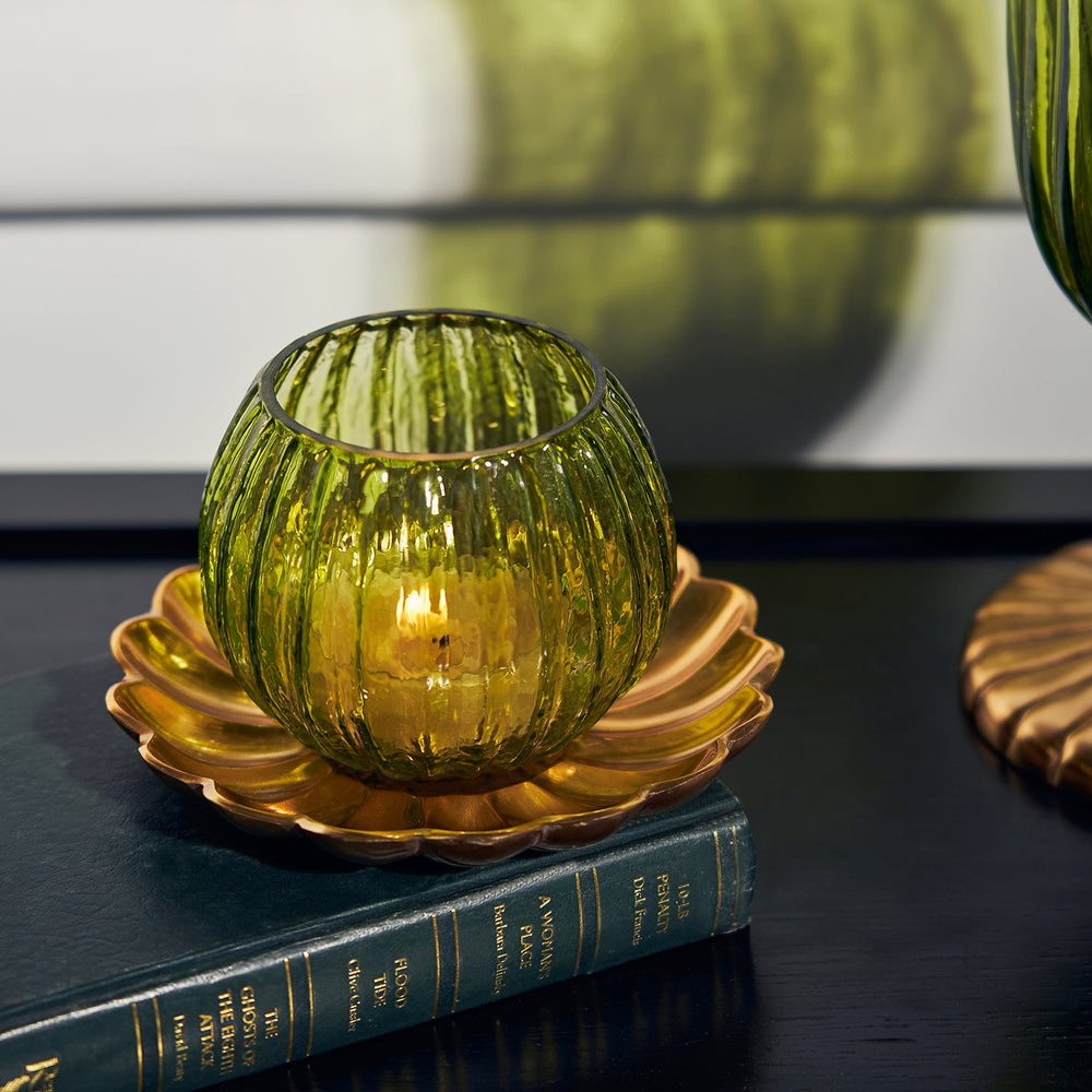 Green Ribbed T-Light Holder with Stand
