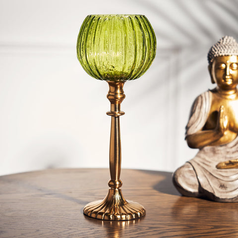 Green Tall Ribbed Votive Holder with Stand