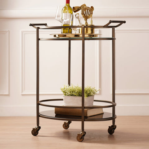 Gold Two Layered Oval Metal Bar Cart - Small