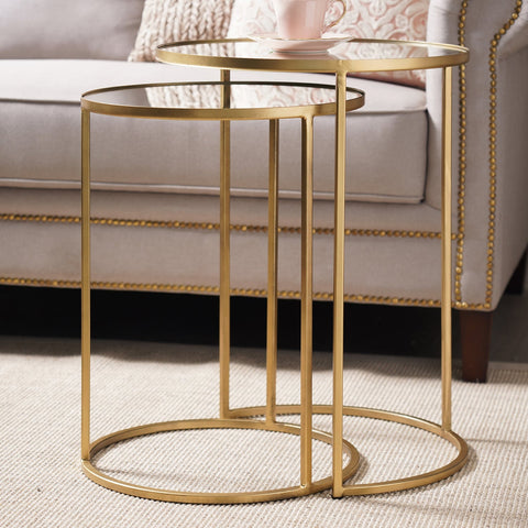 Set of 2 Gold Glass Top Round Nesting Side Tables