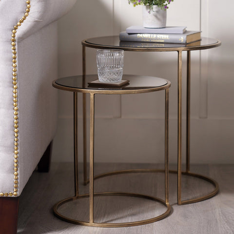 Set of 2 Gold Antique Finish Round Nesting Side Tables