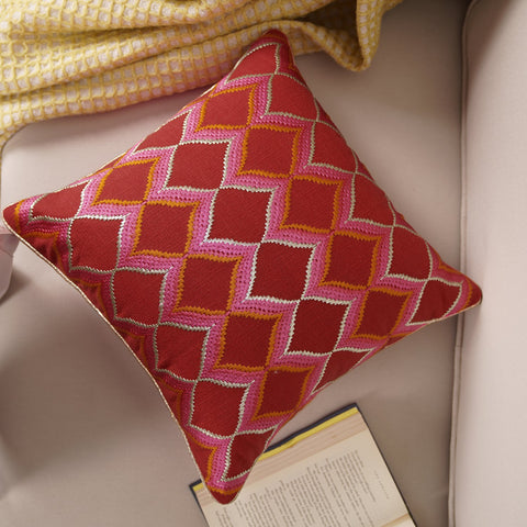 Red Diamond Embroidered Cushion Cover