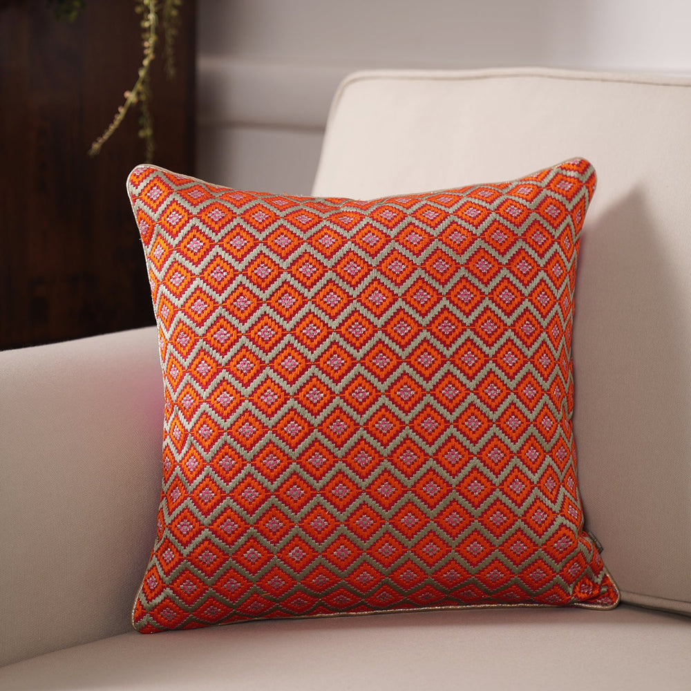 Red and Orange Geometric Embroidered Cushion Cover