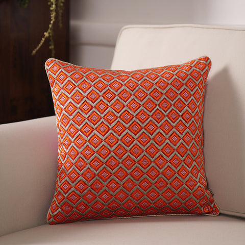Red and Orange Geometric Embroidered Cushion Cover