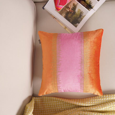 Orange and Pink Zari Embroidered Cushion Cover