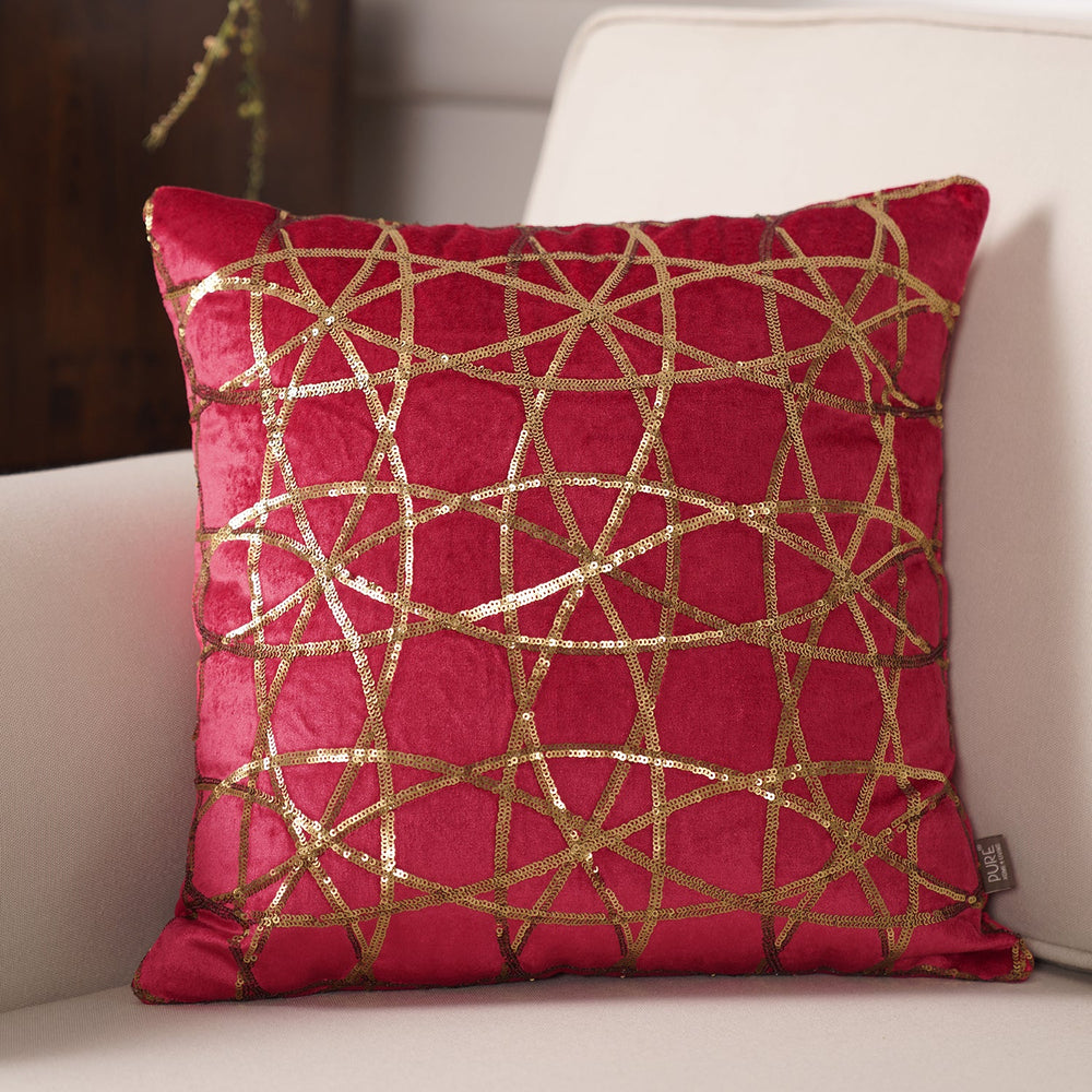 Red Sequin Work Cushion Cover