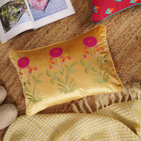 Yellow Embroidered Cushion Cover with Piping