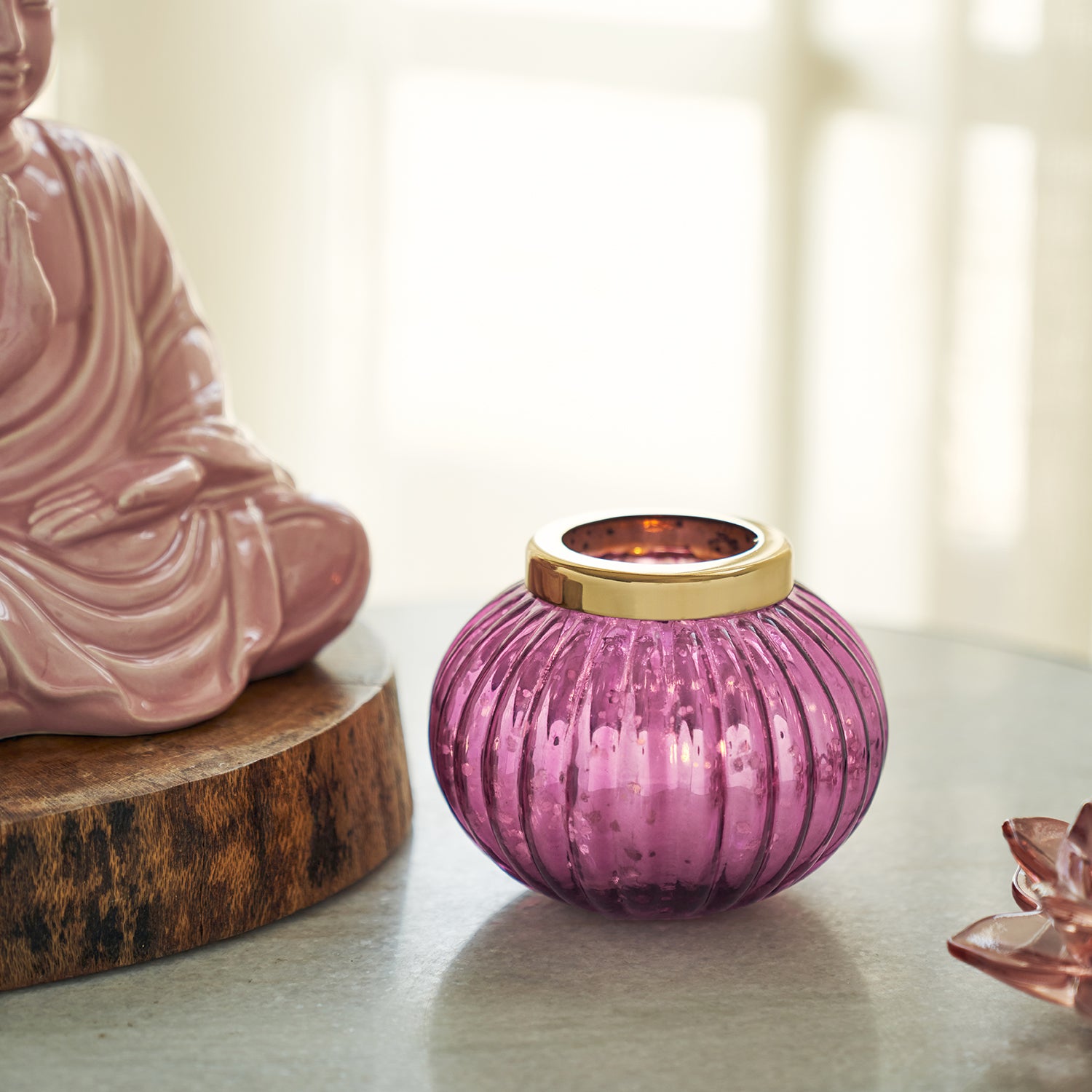 Pink Round Ribbed Glass Tea Light Holder