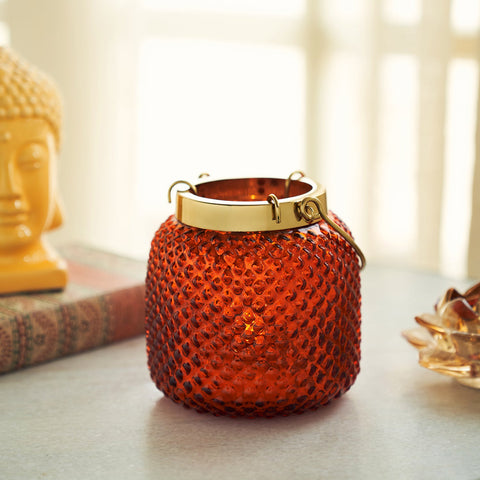 Orange Dotted Glass Tea Light Holder