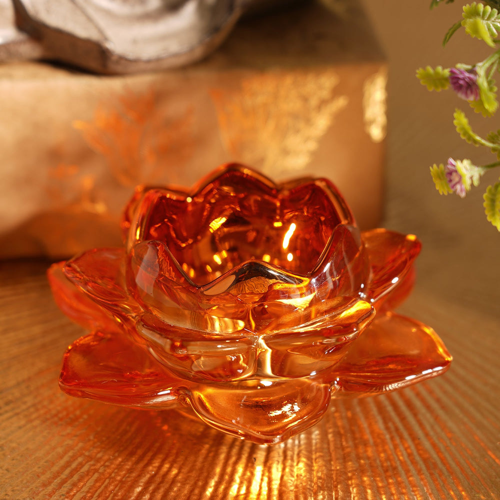Set of 6 Orange Lotus Shaped Glass Tea Light Holders
