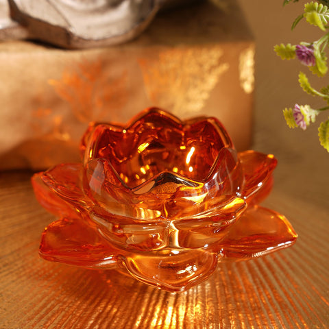 Set of 6 Orange Lotus Shaped Glass Tea Light Holders