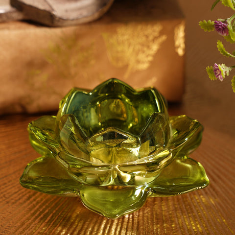 Set of 6 Green Lotus Shaped Glass Tea Light Holders