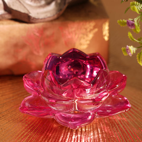 Set of 6 Pink Lotus Shaped Glass Tea Light Holders
