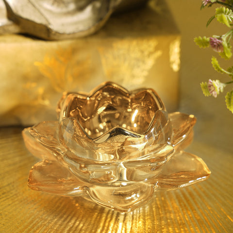 Set of 6 Yellow Lotus Shaped Glass Tea Light Holders