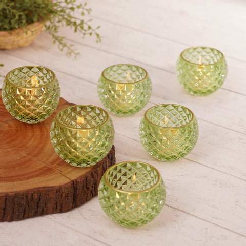 Set of 6 Green Diamond Texture Glass Votives