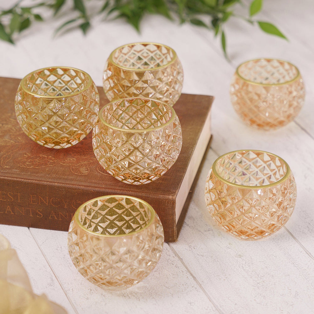 Set of 6 Yellow Diamond Texture Glass Votives